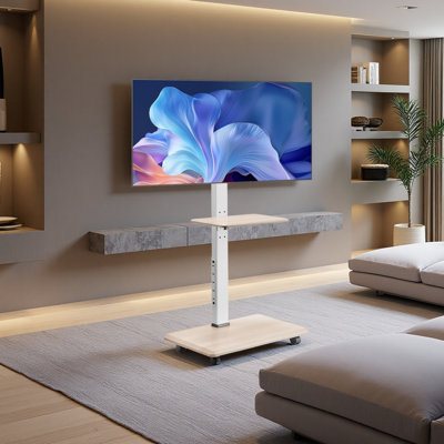 Meuble télé à roulettes, chariot de télé mobile pour écrans de 32 à 70 pouces, rotation de 25 ° de gauche à droite et support de télé réglable en hauteur avec plateau, supporte jusqu'à 88 lb pour le coin