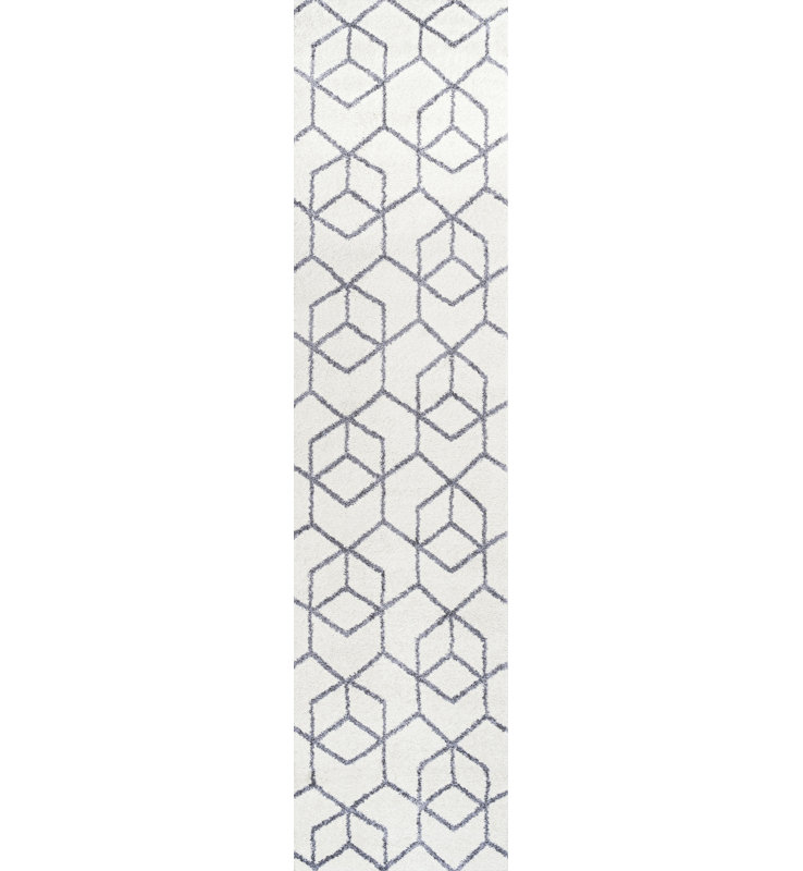 Amuda Blocks Modern Geometric White/Gray Rug, Runner 2' x 8'