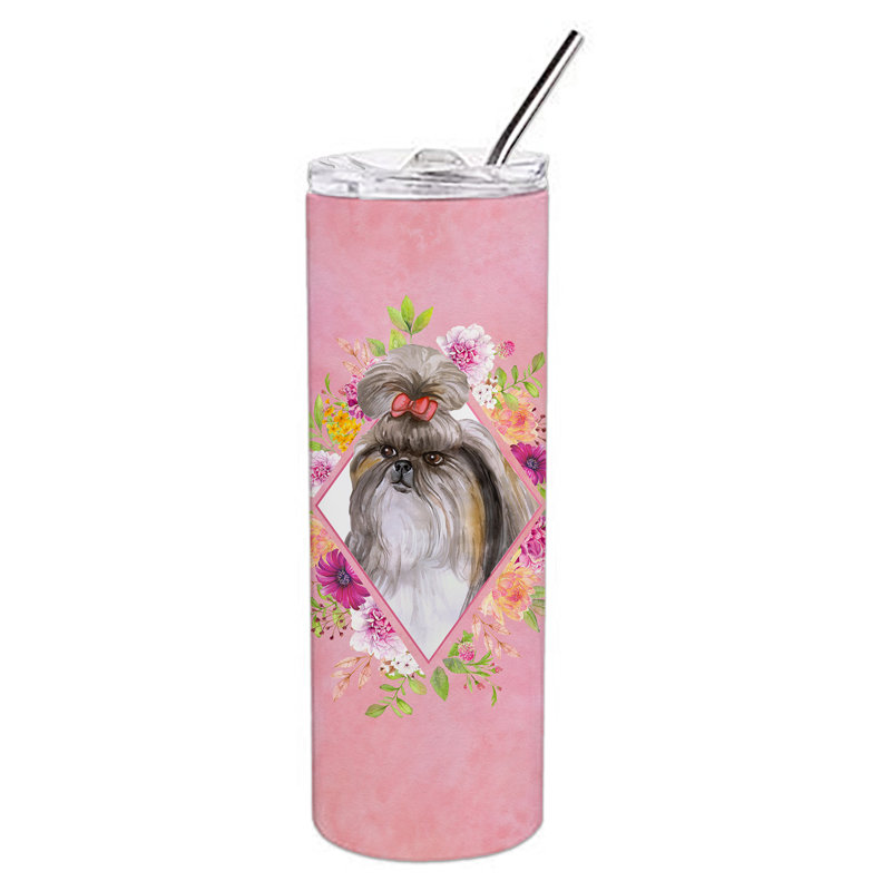 20oz. Stainless Steel Double Wall Glass, Grey Shih Tzu, Pink