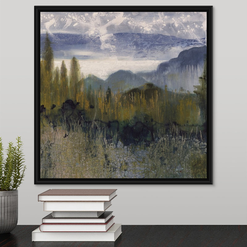« distante peak », peinture sur toile, Cadre flottant noir, H 17,7 po x l 17,7 po x p 1,75 po