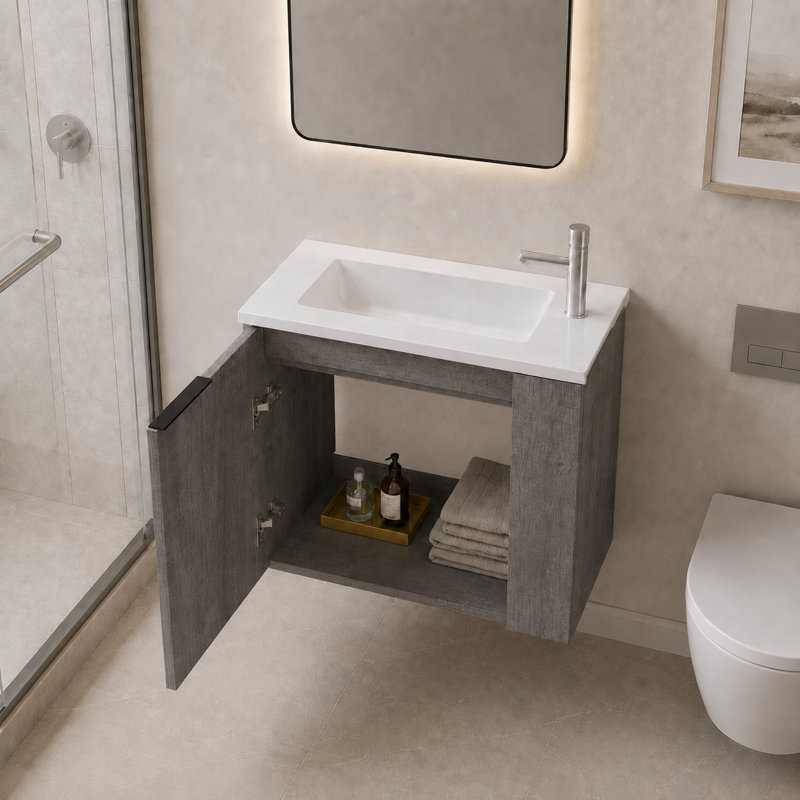 Meuble-lavabo simple flottant gris 22 po avec lavabo en céramique et portes à fermeture en douceur