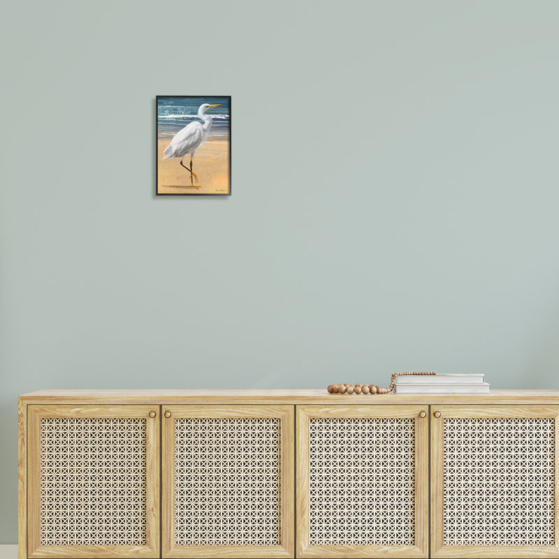 Héron blanc debout, Giclée encadrée noir minuit, H 14 po x l 11 po x P 1,5 po