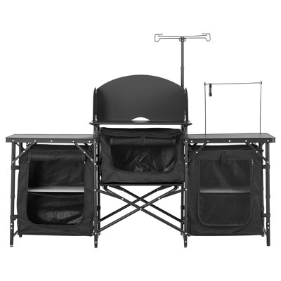 Camping Kitchen Table, Outdoor Camp Cooking Table, Aluminum Portable Cook Station With 3 Storage Cupboard, Carrying Bag, Detachable Windscreen, Quick Set-Up For BBQ Party Picnic RV Travel, Black