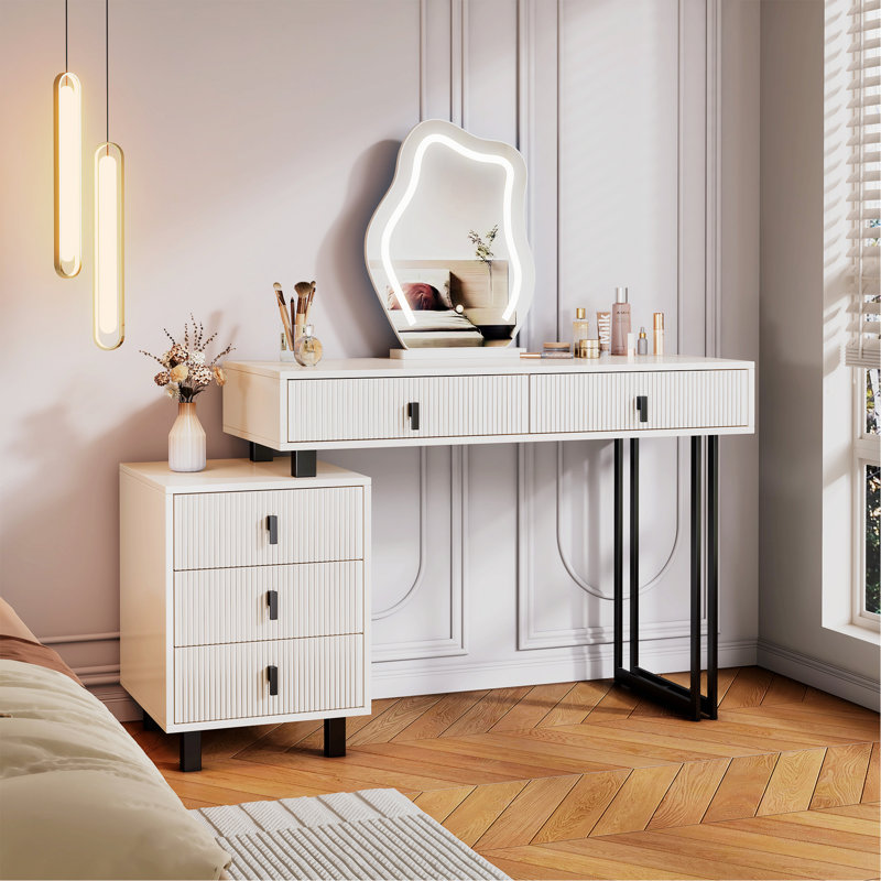Adjustable-Length Vanity With LED Mirror, Modern Makeup Table With Storage Drawers For Bedroom, Dorm And Small Spaces