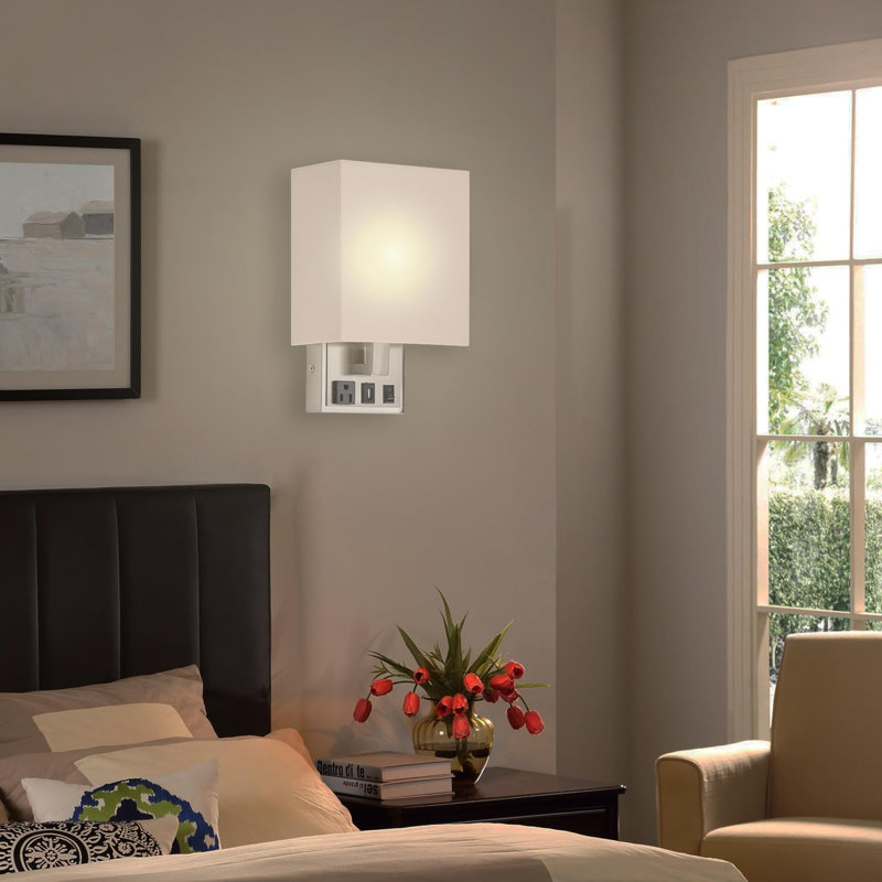 White Fabric Shade Modern Wall Sconce with USB Port