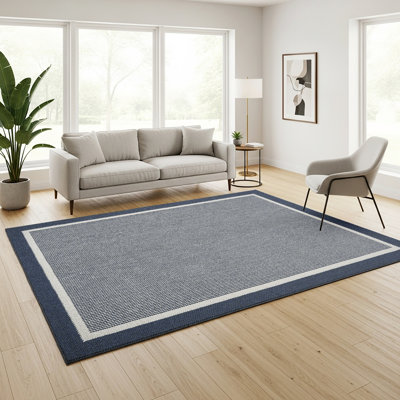 Tapis à tissage doux à bordure haute et basse, design contemporain moderne, tissé à la machine, résistant aux taches et à circulation élevée, bleu marine 8 x 10