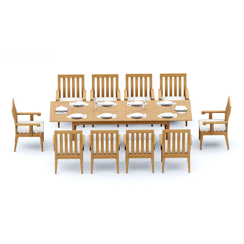 Ensemble de salle à manger en bois de teck Grade-A: table rectangulaire à double extension et fauteuils Caranas # 11Ca2412