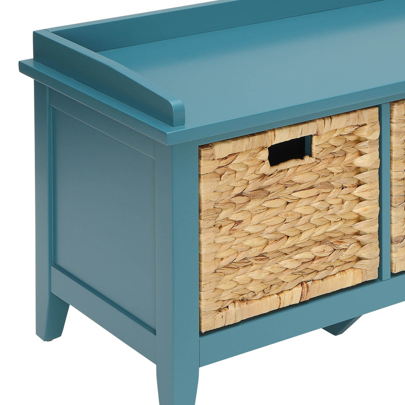 Teal Wood Storage Bench with Rattan Baskets