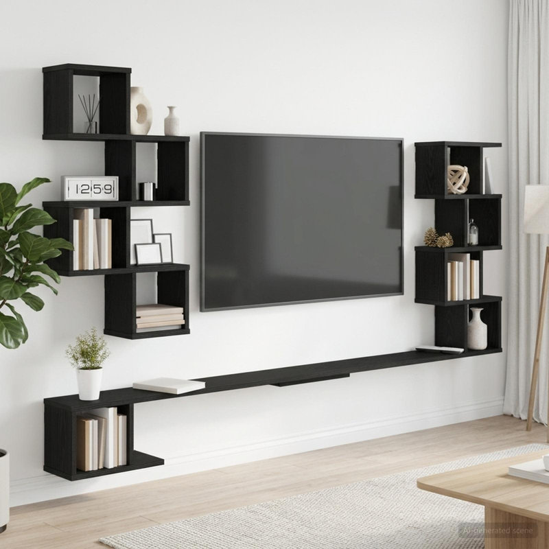  Wall-Mounted TV Shelf with Shelf with Storage Engineered Wood Shelves, 94 cm H x 160 cm L x 15 cm D