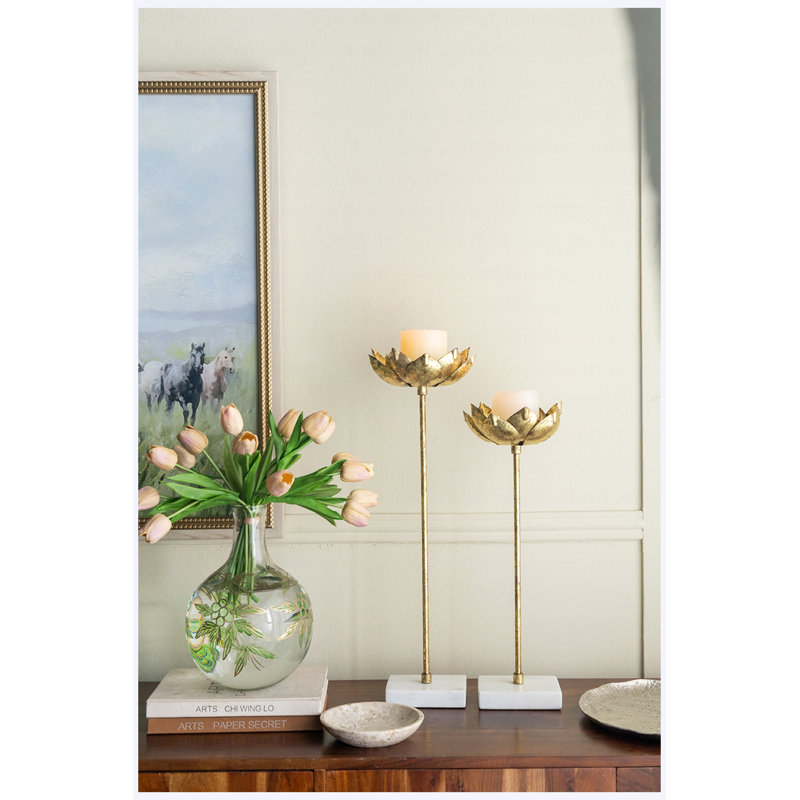 Vase en verre transparent 11 "avec cou élancé H 11", motifs botaniques verts et dorés, vase à fleurs décoratif