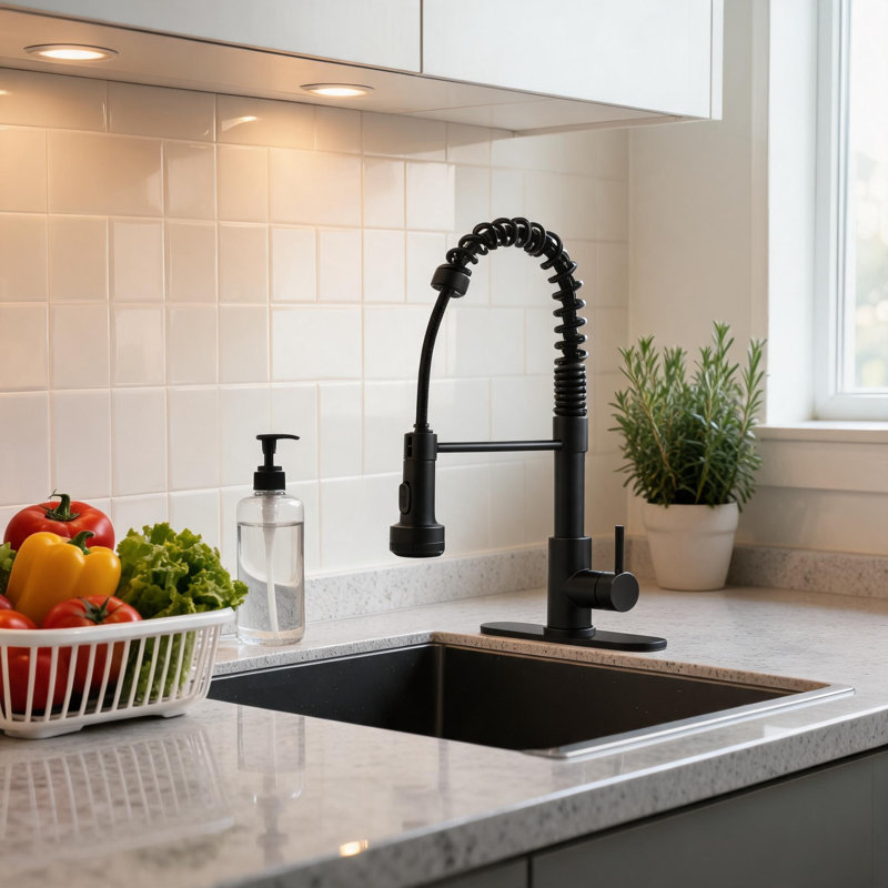 Robinet de cuisine à ressort 28 pouces en acier inoxydable noir mat avec douchette rétractable et 4 modes de pulvérisation