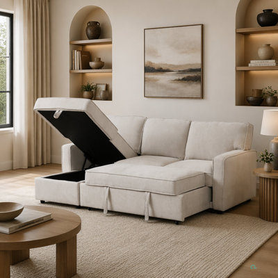 Upholstery Sleeper Sectional Sofa With Storage Space, USB Port, 2 Cup Holders On Back Cushions