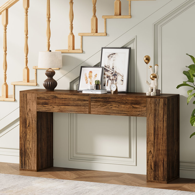 Diyanna 55.12''W Farmhouse Console Table with 2 Drawers & LED Light, Brown