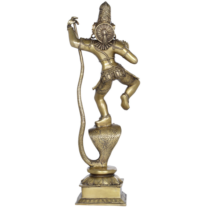 Grande sculpture en laiton Lord Krishna Subduing Kaliya - sculpture indienne faite à la main pour décoration intérieure élégante