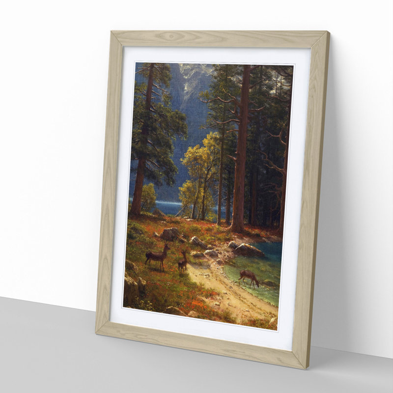 Group of Deer Beside a Lake by Albert Bierstadt - Framed Print, Oak Framed, 65cm H x 48cm W x 2cm D