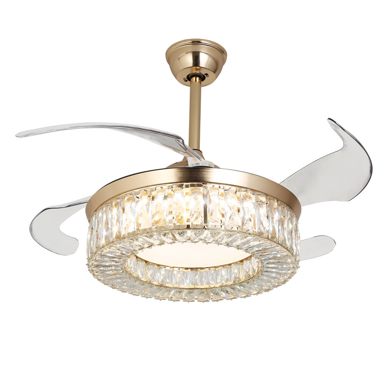 42Inch 4 - Blade Modern Retractable Clear Crystal Ceiling Fan LED Light With Remote Control