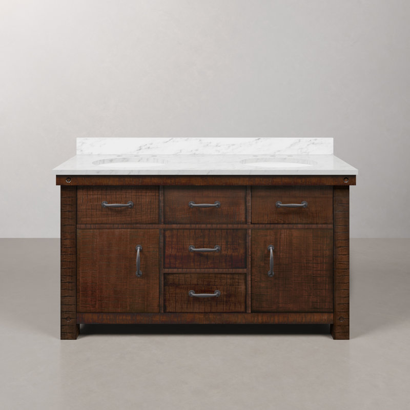 Aberdeen 60'' W Double Vanity, Carrara White, Rustic Sienna