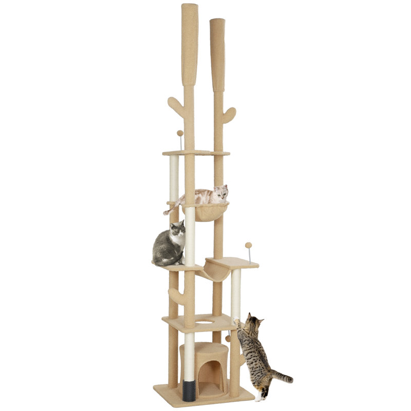 Arbre à chat de 89 à 100 po du sol au plafond avec poteaux à griffer, brun, Brun / Blanc