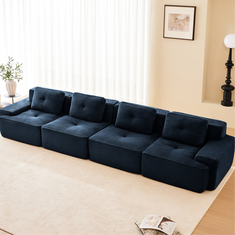Canapé d'angle modulaire 4 places 153 po, velours côtelé bleu, assise profonde, passepoil nacré, aucun assemblage requis, 153 po, bleu, velours côtelé.