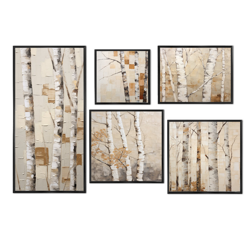Ensemble de 5 décorations murales beige bouleau I - arbre bouleau, Cadre flottant noir