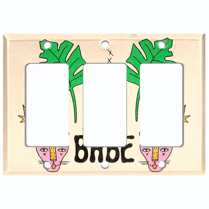 Cute Babe Cool Leaf Cat Doodle Cartoon Beige Patterned 3 - Gang Toggle Light Switch Standard Wall Plate