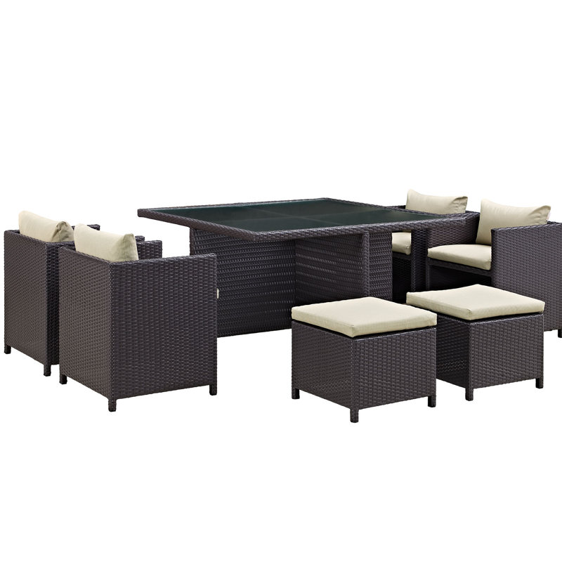 Modway Inverse Wicker Rattan 9-Piece Outdoor Patio Dining Furniture Set, Beige Polyester Blend