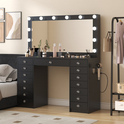 Makeup Vanity with 15 Drawers, Vanity Desk with 12 LED Bulbs and HD Mirror, 3 Color Brightness Adjustable, Vanity Set for Bedroom