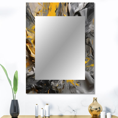 Bliss of Happiness en gris et jaune - grand miroir à collages abstraits, miroir mural décoratif moderne, impression d'art en métal