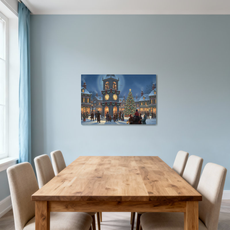 Place de la ville de Noël avec tour de l'horloge et arbre, H 32 po x l 48 po