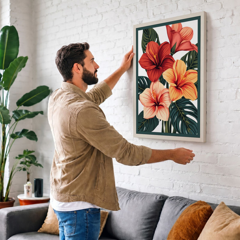 Hibiscus Cluster Botanical - Wrapped Canvas, 36x24 - 91.4 x 61.0 cm, Black Border
