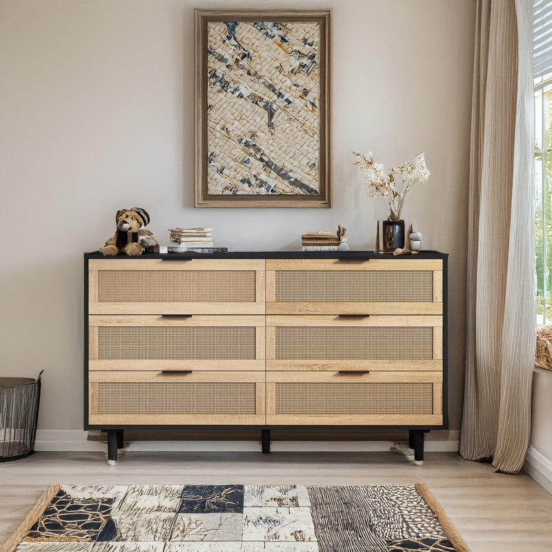 Armoire de rangement en rotin à 6 tiroirs Kristiana, H 29,53 po x l 59,06 po x P 15,75 po, Chêne