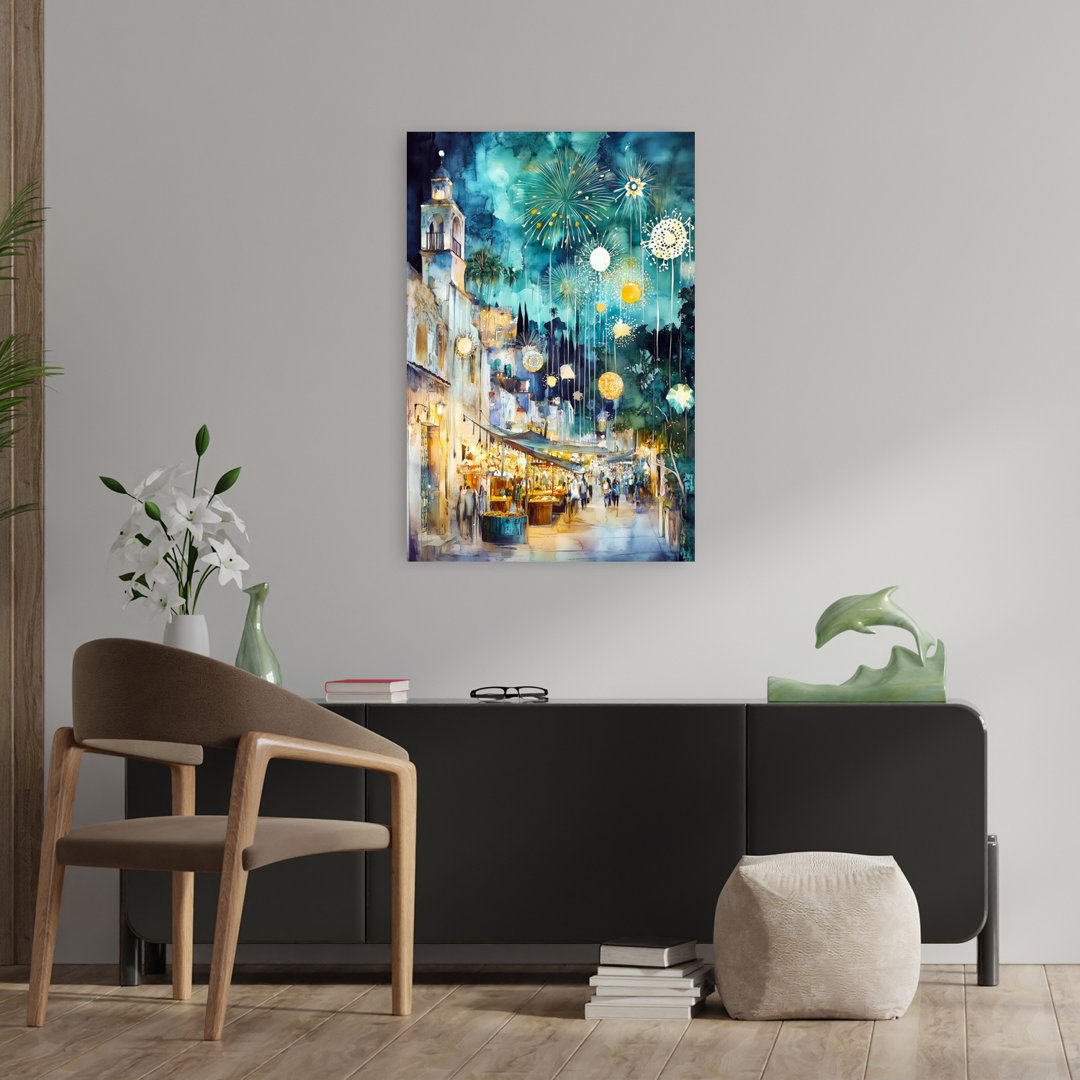 Enchanting Market Fireworks Colorful Vibrant Abstract City Architecture Wall Art Print