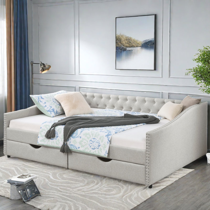 Upholstered Tufted Daybed With Drawers, Copper Nail Decoration And Waved Shape Arms, Beige