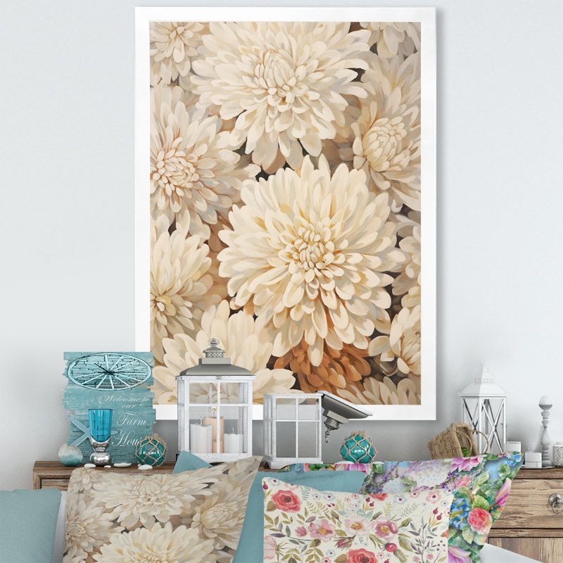 «Pure White Chrysanthemums», impression sur toile mosaïque, Cadre simple blanc, H 40 po x l 30 po x P 1,5 po