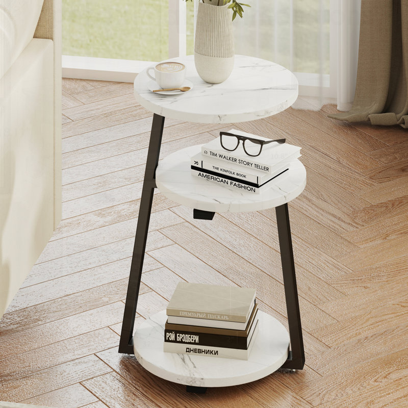 Petite table d'appoint ronde compacte avec rangement à 3 niveaux, structure en métal robuste, idéale pour les chambres à coucher et les salons, conception blanche et noire