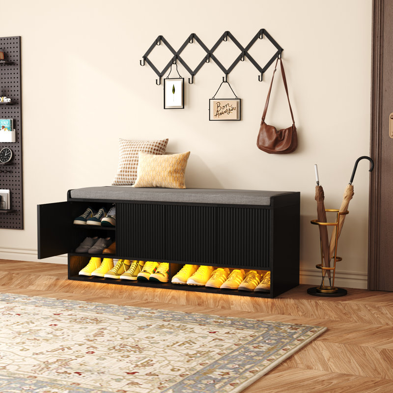 47.24''w Fluted Entryway Shoe Storage Bench With 4 Doors And Adjustable Shelf, Black