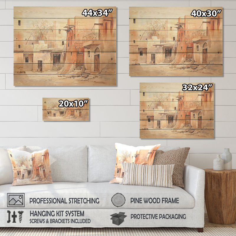 Village urbain, Sables de l'Égypte I - Égypte sur bois, H 30 po x l 40 po x P 0,78 po