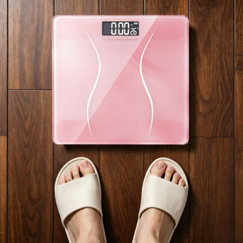 Pèse-personne numérique rose pour salle de bain, avec motif incurvé sur la taille, capacité de 180 kg (396 lb), pour la maison.