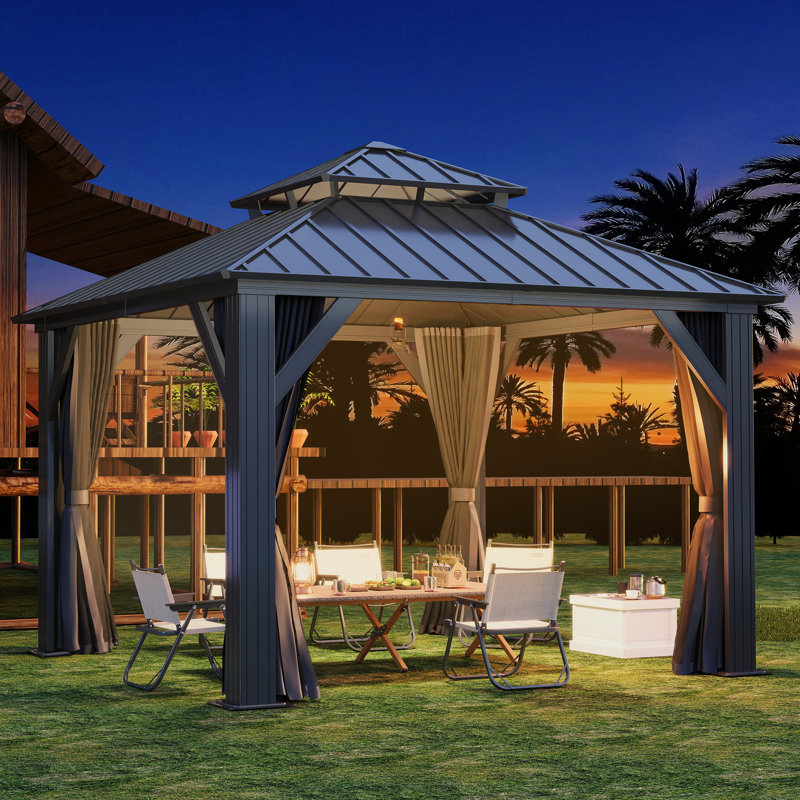 Aluminum Patio Gazebo - Galvanized Steel Hardtop Gazebo with Curtains & Netting, 10 ft. W x 10 ft. D