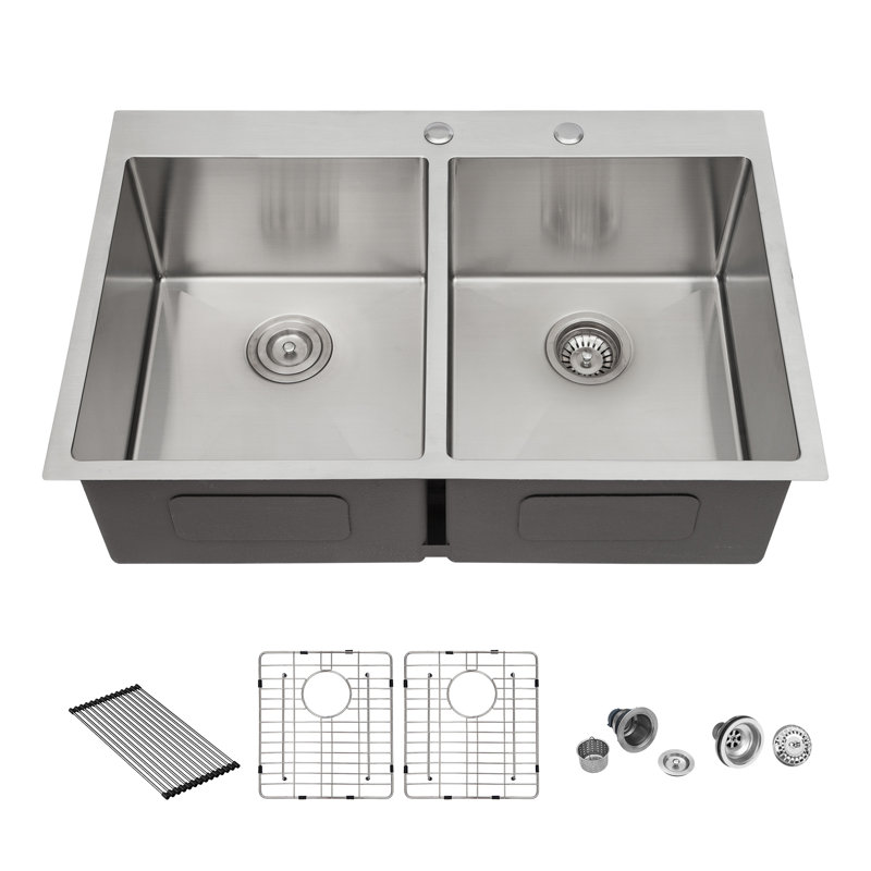Double Bowl (50/50) Drop In Sink - 33"X22"X10" Stainless Steel Kitchen Sink 16 Gauge With Two 10" Deep Basin