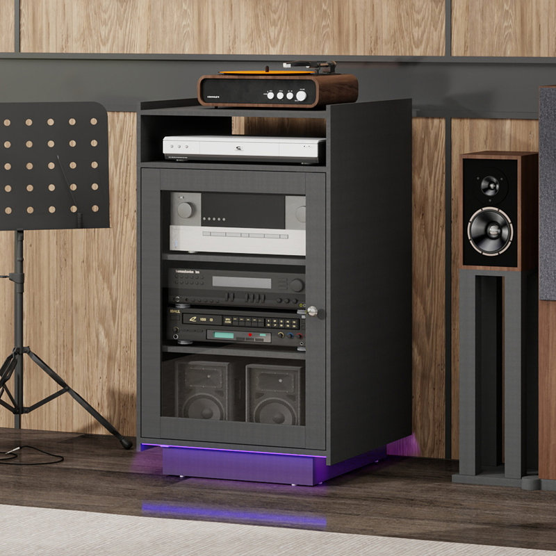 Media Cabinet With Tempered Glass Door, 5-Tier Stereo Cabinet With Adjustable Shelves, Media Stand With LED Light, AV Rack With Cable Management For Meeting, Living, Recording Room