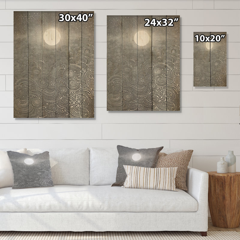 Gris abstrait pleine lune paysage - corail sous l'eau sous l'eau, art mural sur bois de pin naturel, H 40 po x l 30 po