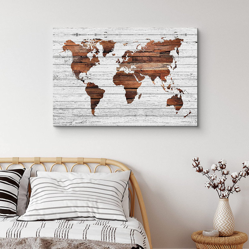 «World Map on White Wood Panels Places Country», reproduction d'art sur toile tendue, 32" H x 48" W x 1.5" D