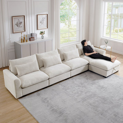 Grand canapé modulaire en velours côtelé en forme de L, canapé profond avec repose-pieds de rangement et 4 coussins de taille