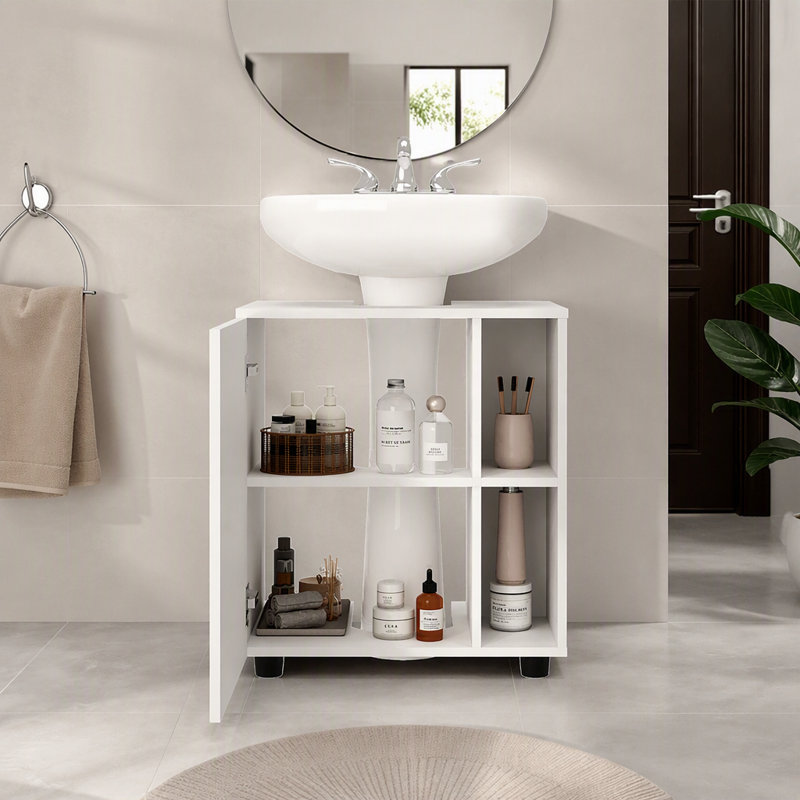 Armoire de salle de bain piédestal blanche à 1 porte avec 5 compartiments ouverts