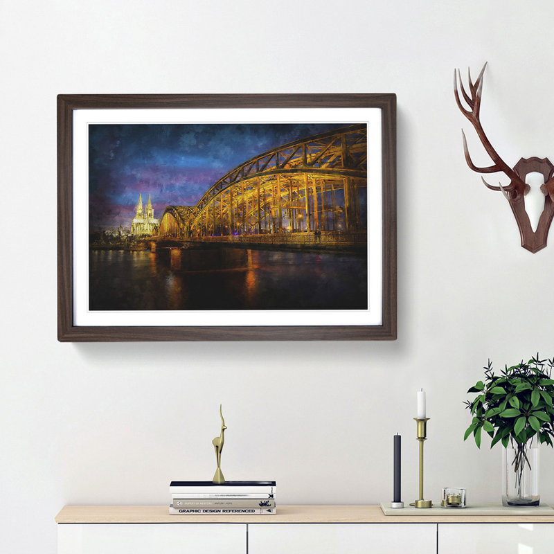 Cologne Cathedral & the Hohenzollern Bridge - Picture Frame Graphic Art Print, 45cm H x 63cm W x 2cm D, Walnut Framed