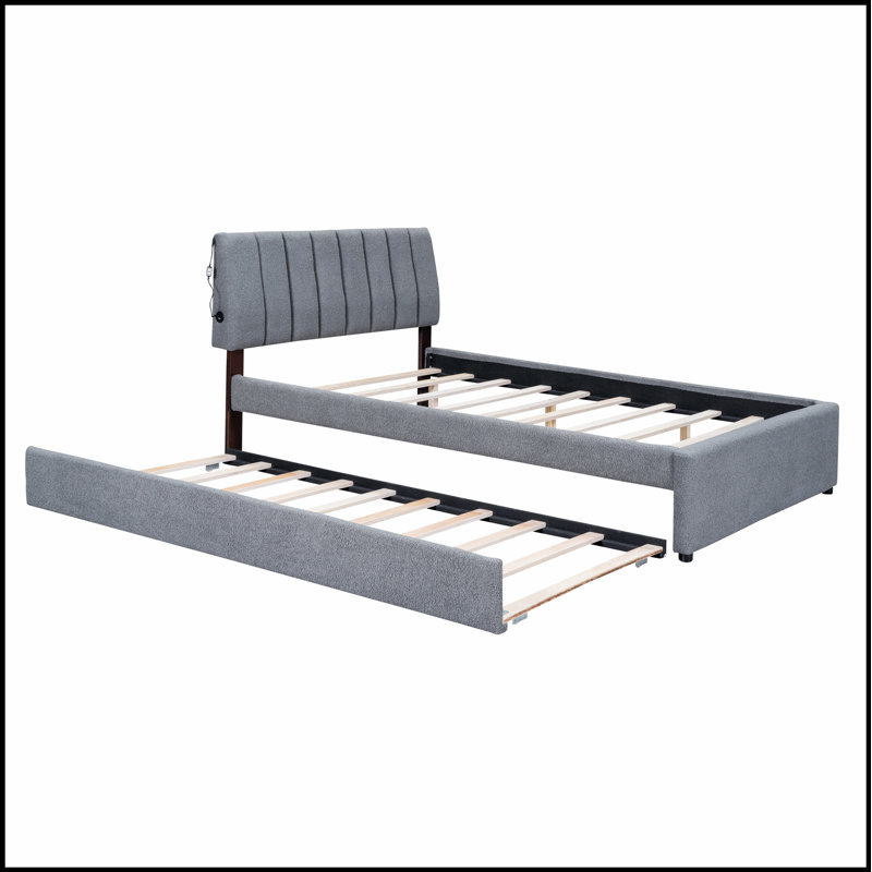 Lit plateforme tapissier Teddy, Gris, Lit double