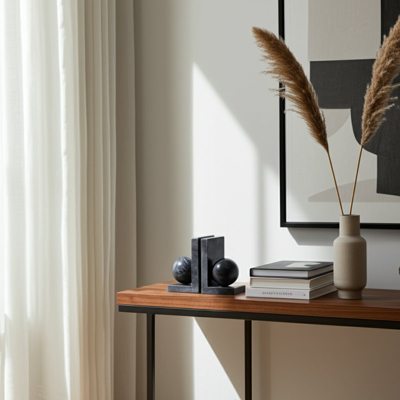 Set Of 2 6" Marble Bookend With 3" Orb, Black