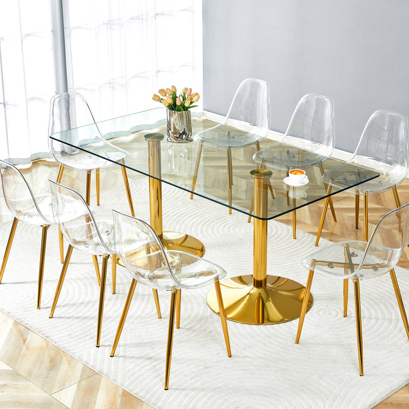 Ensembles de table de salle à manger spacieux en verre trempé de 71 pouces avec pieds en acier doré, design moderne pour la maison