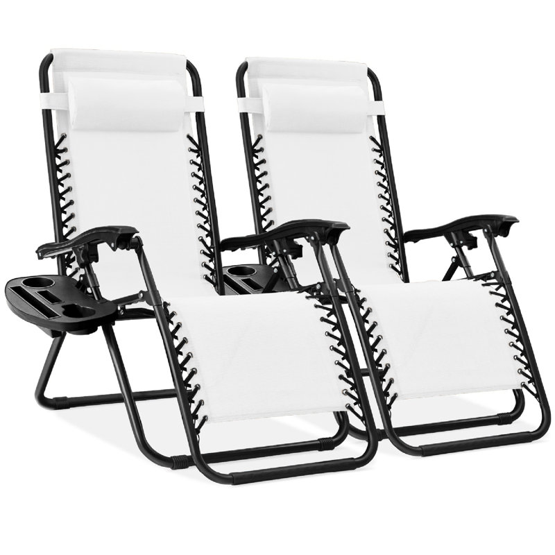  Ensemble de 2 fauteuils inclinables Zero Gravity pour terrasse, piscine avec plateau porte-gobelet - Neige / Noir, Blanc